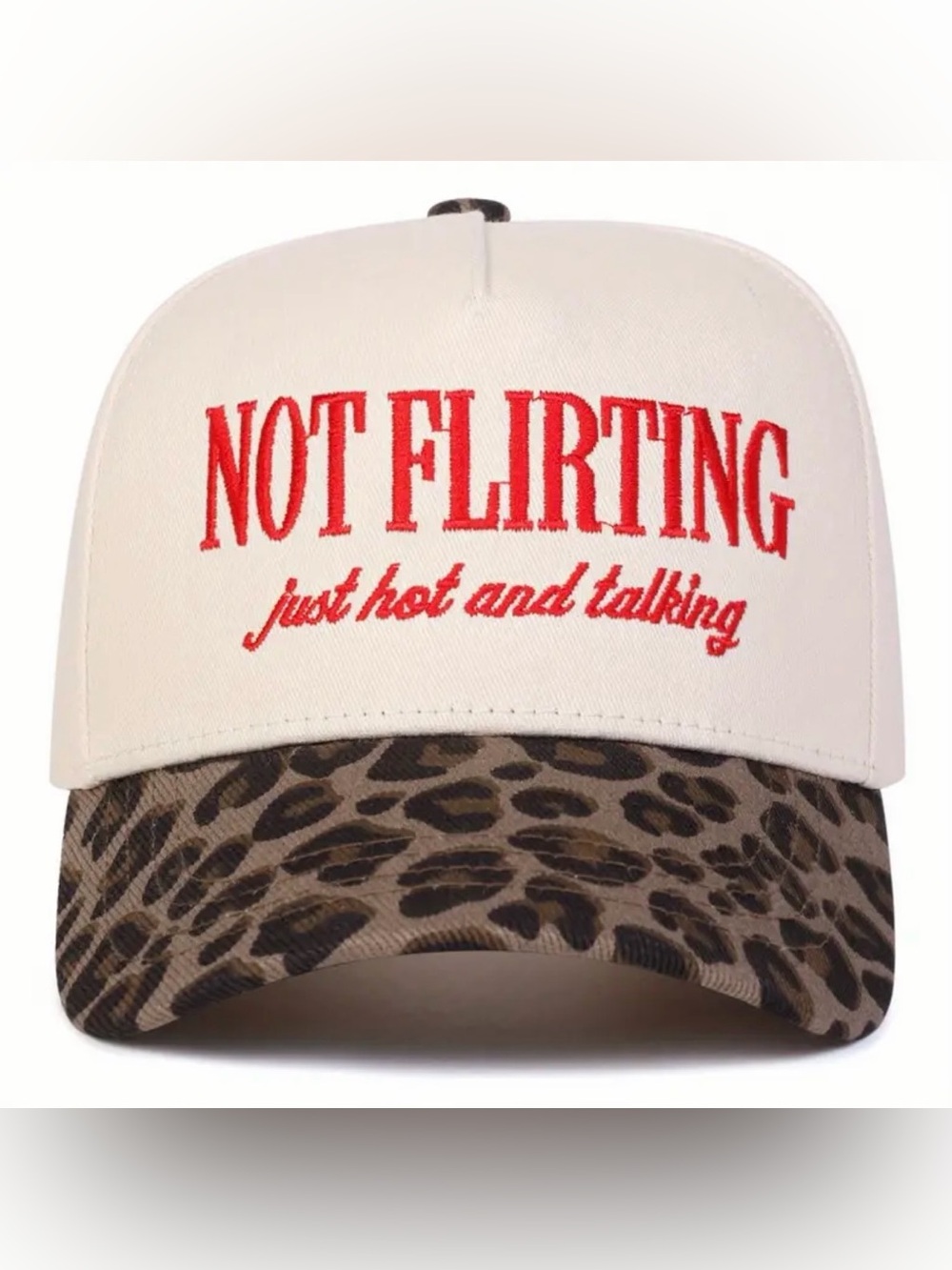 White Cap with Red 'NOT FLIRTING' Text and Leopard Brim